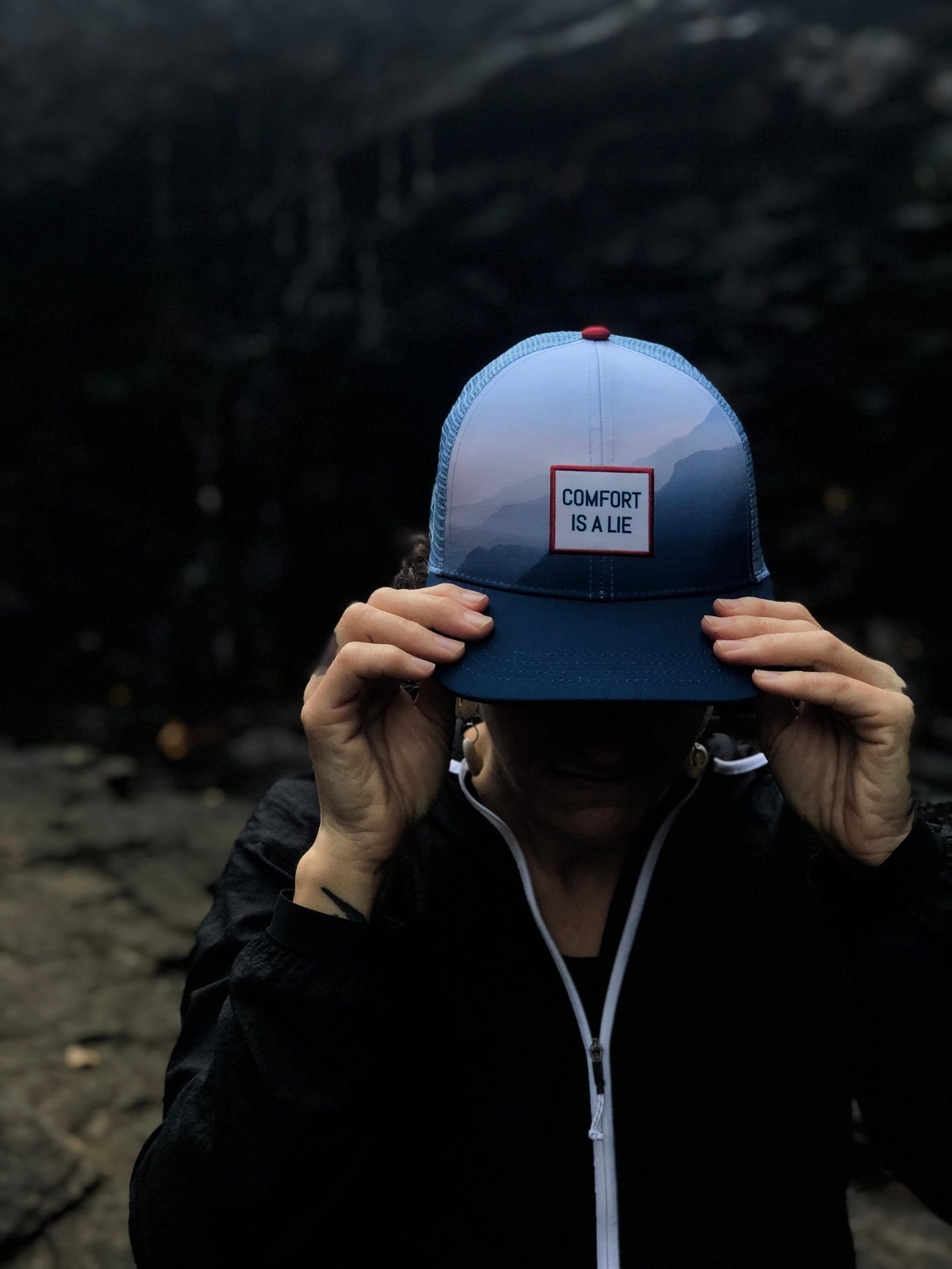 'Comfort Is A Lie' Running Trucker Hat - Fog