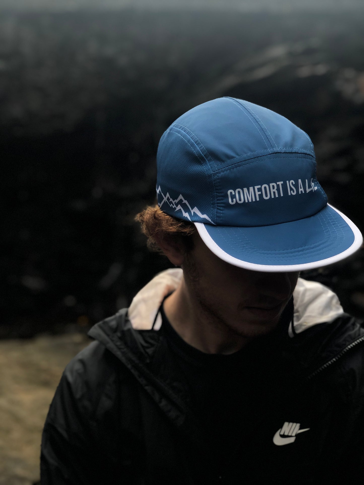 'Comfort Is A Lie' 5 Panel Running Hat - Lazuli