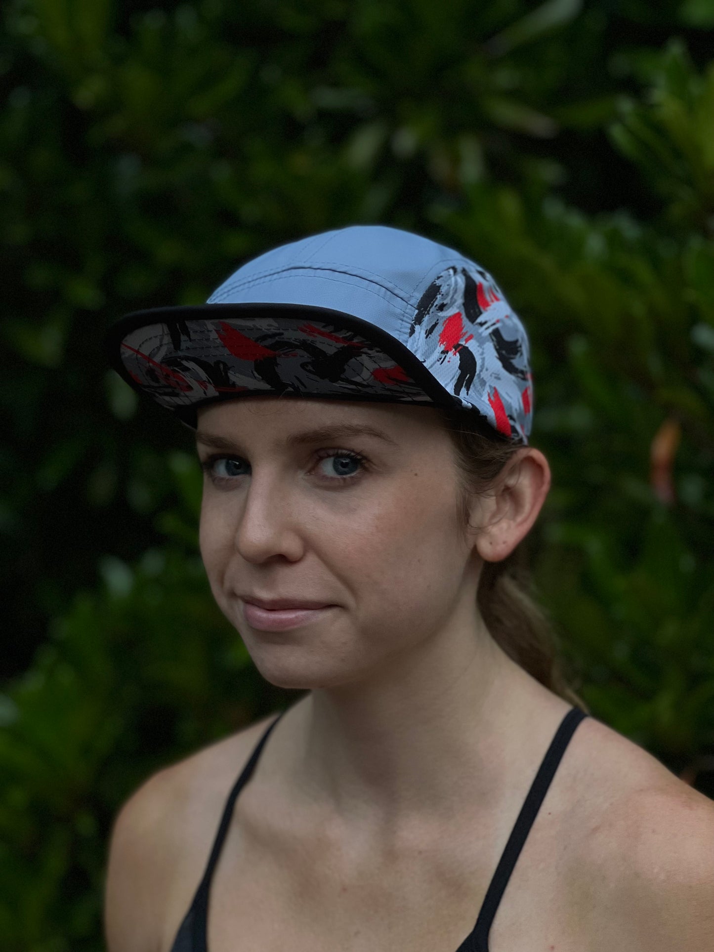 'Comfort Is A Lie' 5 Panel Running Hat - Blue/Red Brush