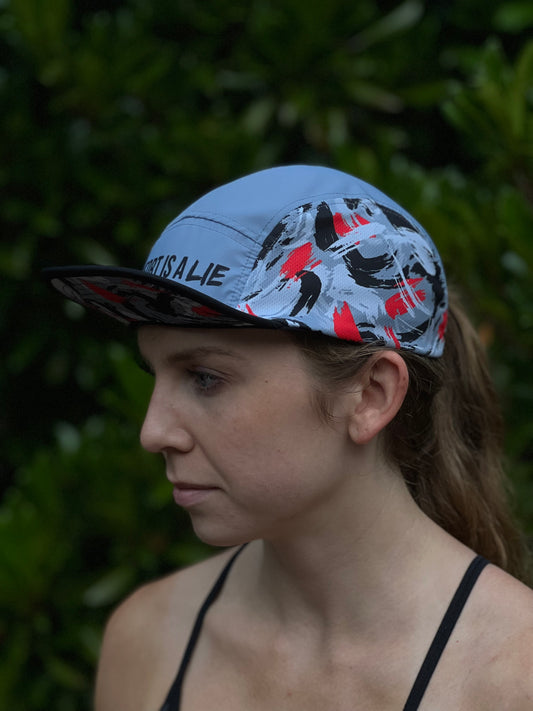 'Comfort Is A Lie' 5 Panel Running Hat - Blue/Red Brush