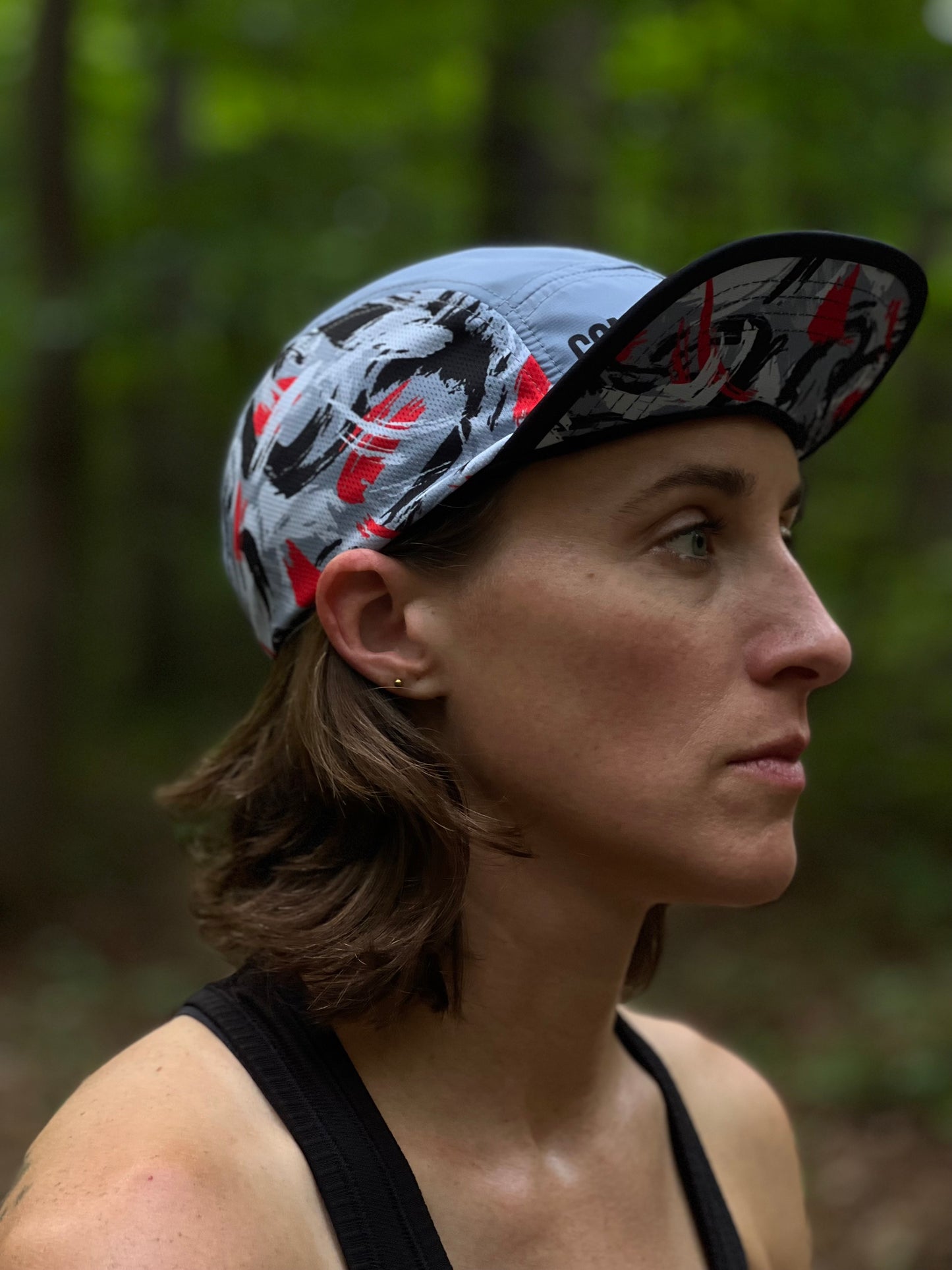 'Comfort Is A Lie' 5 Panel Running Hat - Blue/Red Brush