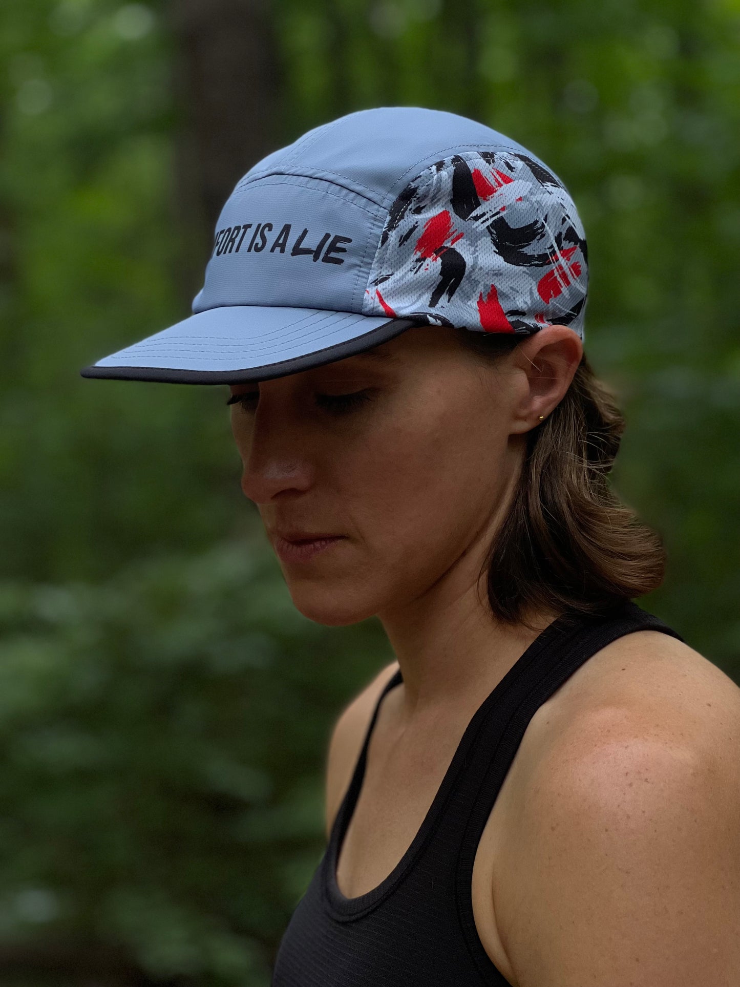 'Comfort Is A Lie' 5 Panel Running Hat - Blue/Red Brush
