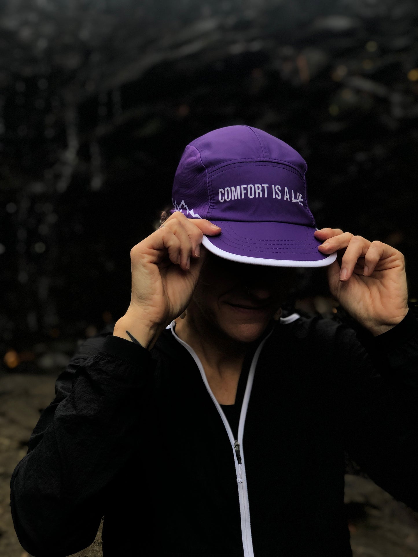 'Comfort Is A Lie' 5 Panel Running Hat - Purple