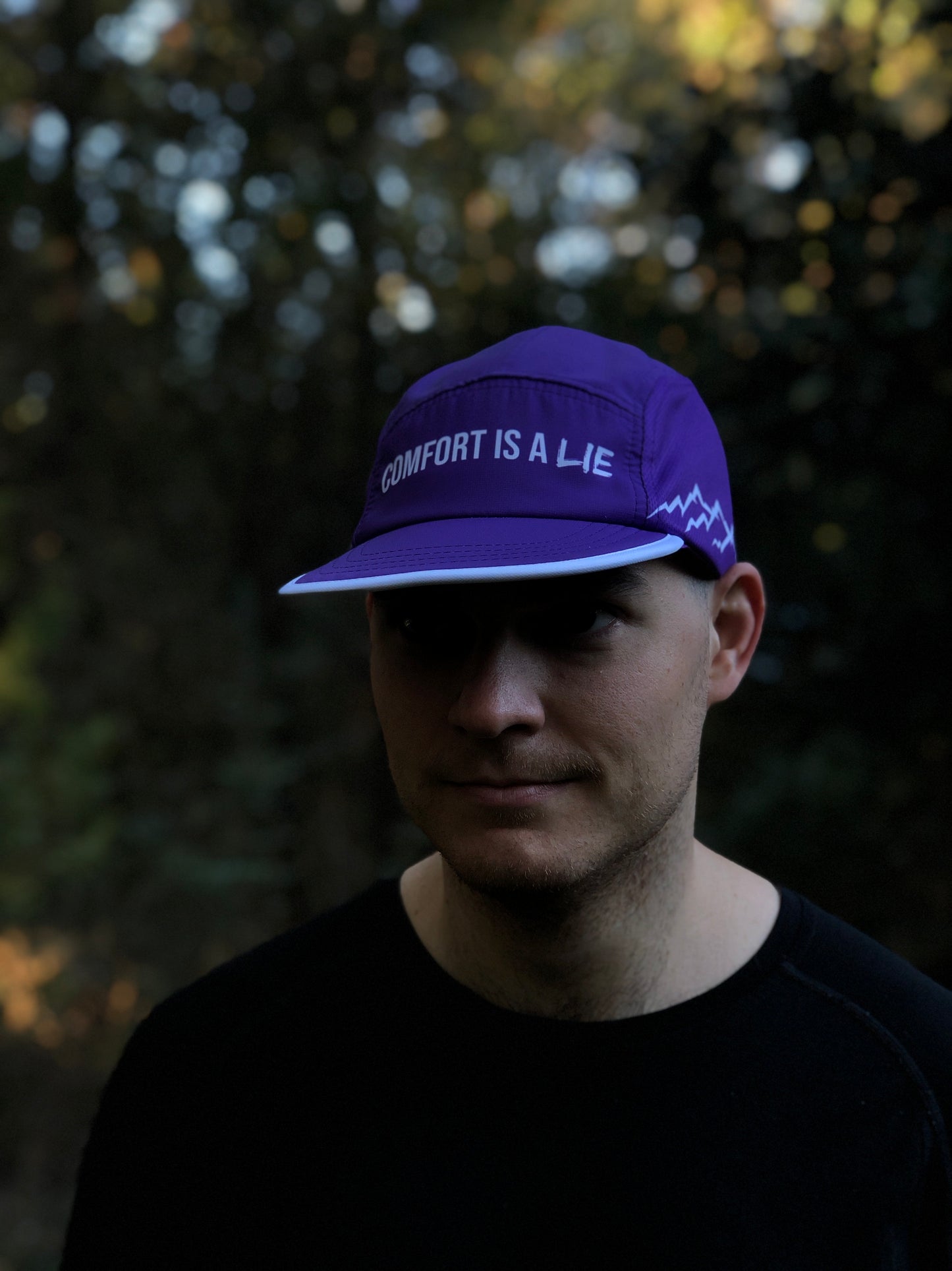'Comfort Is A Lie' 5 Panel Running Hat - Purple