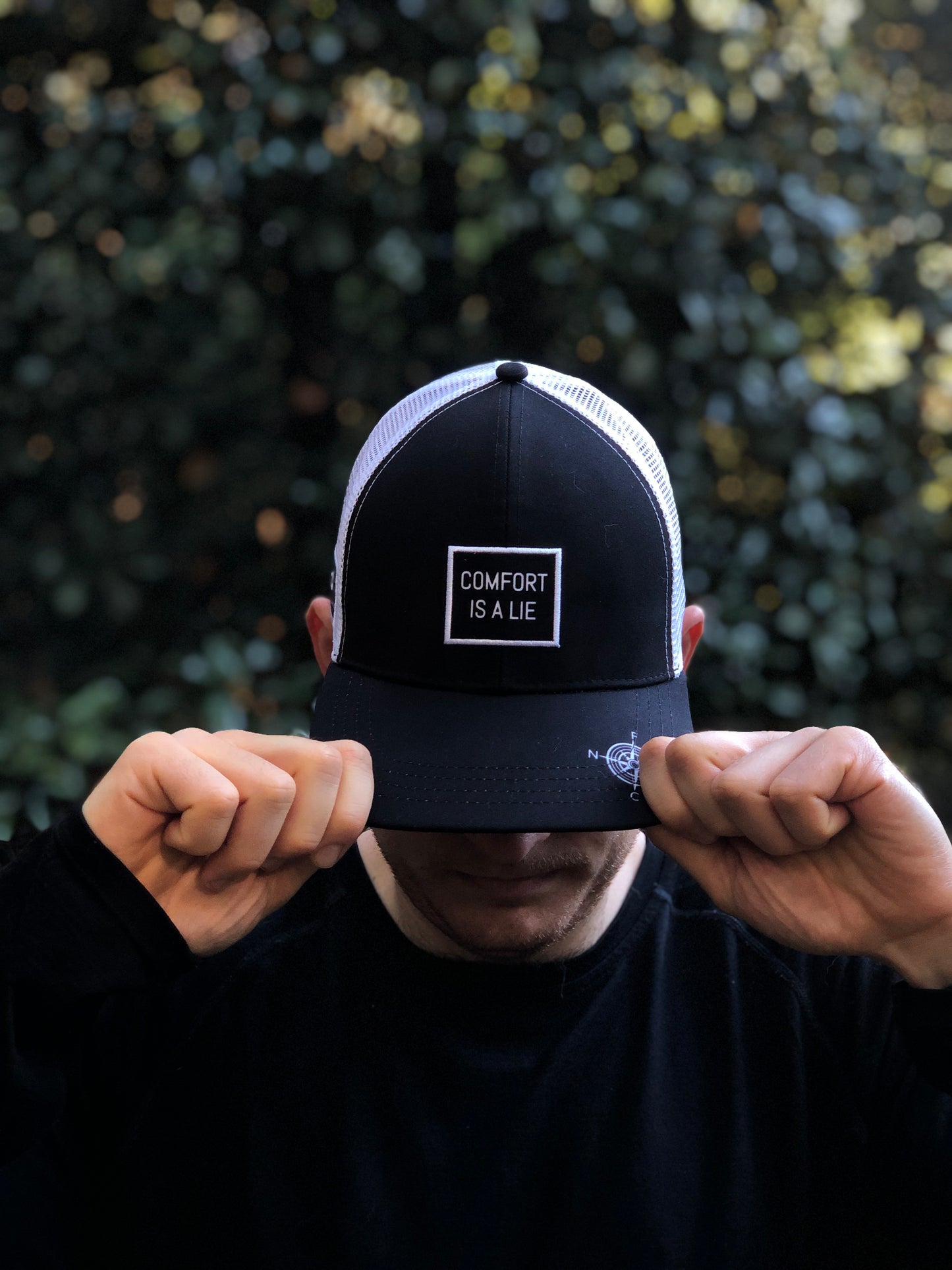 'Comfort Is A Lie' Running Trucker Hat - Black/White