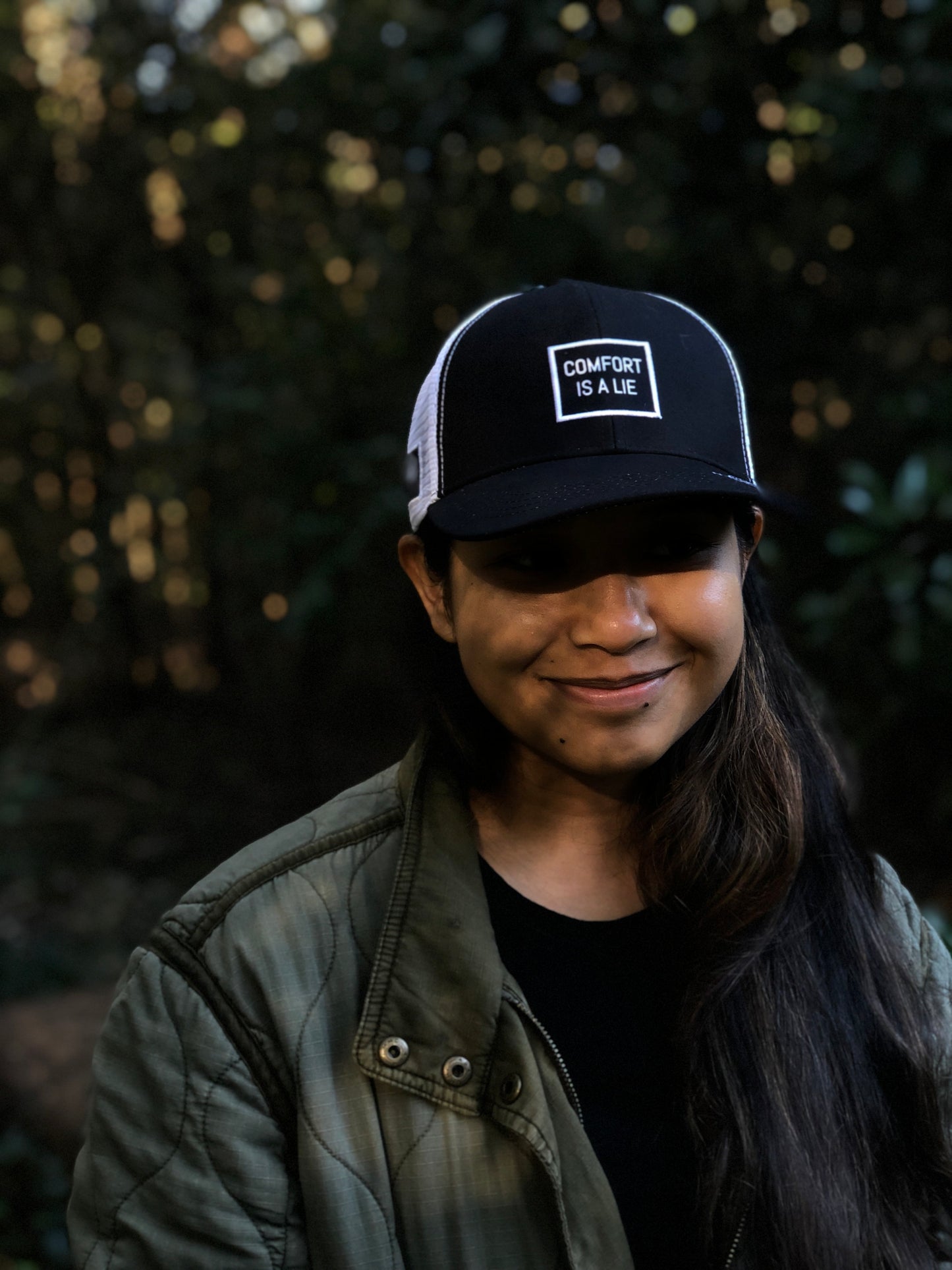 'Comfort Is A Lie' Running Trucker Hat - Black/White